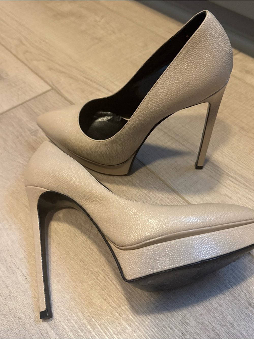 Yves Saint Laurent Pebbled Leather Nude Platform Stiletto “Janis” Pumps